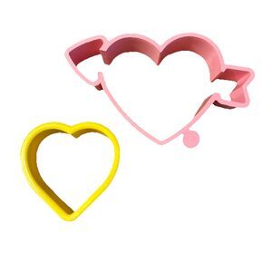Pair Of Unbranded Plastic Heart Cookie Cutters Lot Of 2 Pink With Arrow Yellow